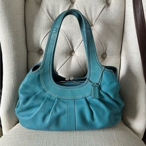 VTG Coach Aqua Silver Kiss Lock Ergo Hobo Leather Bag Pleated Snap Closures